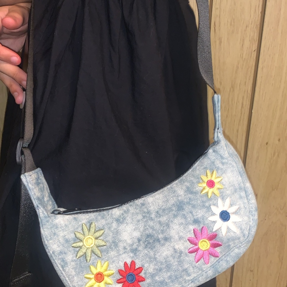 Floral Embroidered Denim Shoulder Bag